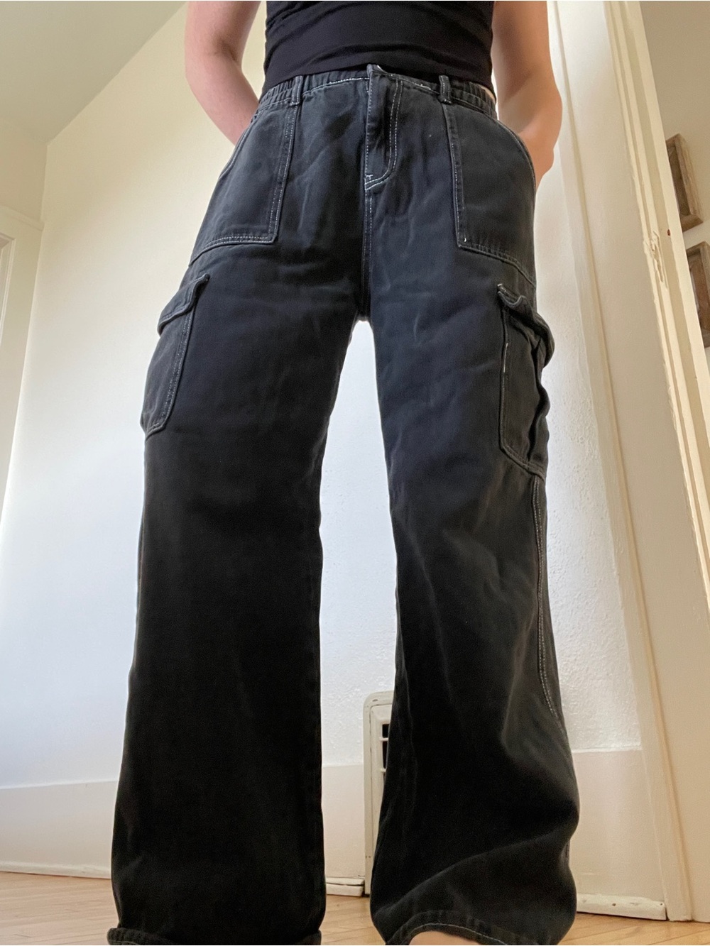 Cotton denim Black Cargo Pants with Elastic Waist